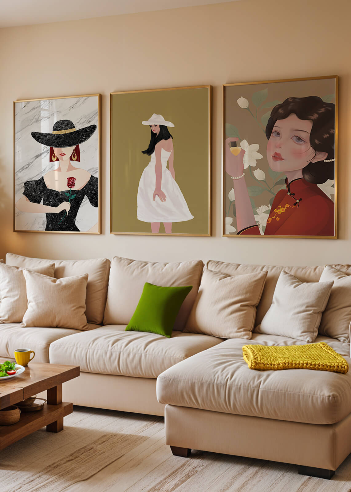 Pared Con Tres Lienzos de Mujeres en Sombreros Sin Marco