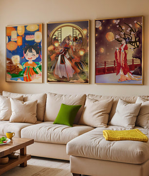 Art décoratif de style asiatique avec des lanternes et des personnages en vêtements traditionnels