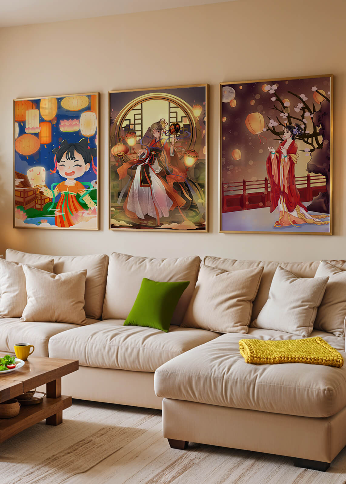 Art décoratif de style asiatique avec des lanternes et des personnages en vêtements traditionnels