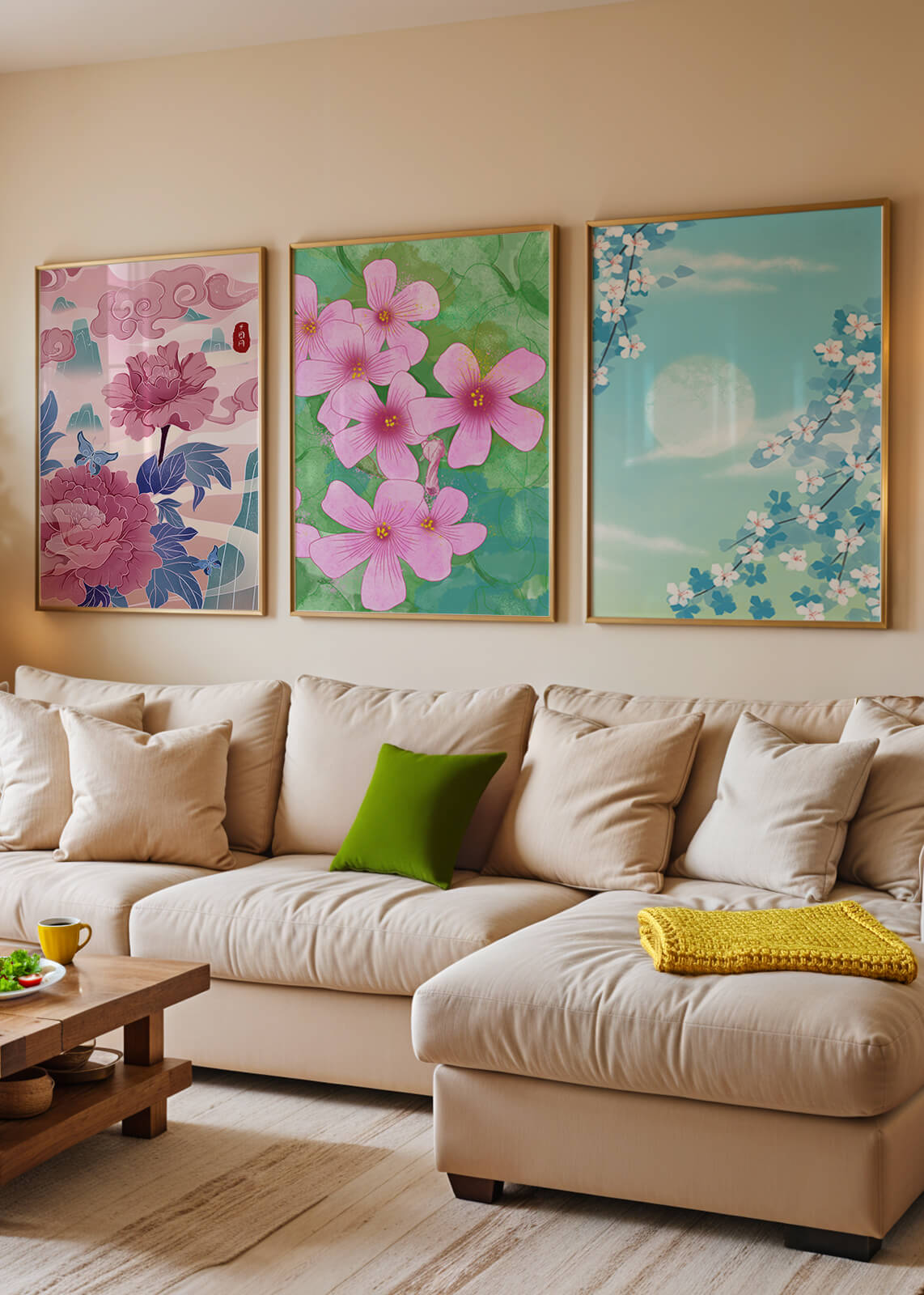 Buntes florales Triptychon mit Naturinspirationen