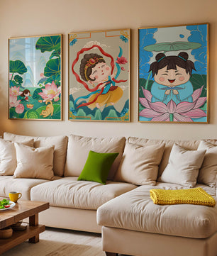 Ensemble d’illustrations de personnages adorables et de motifs floraux dans des tons vibrants