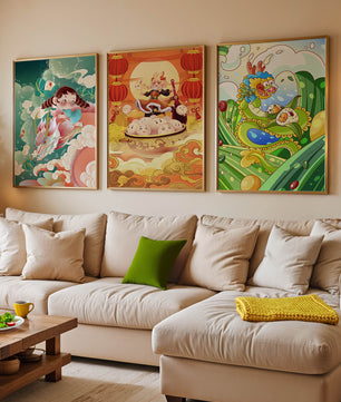 Tableaux pour enfants au style animé avec des personnages et des dragons