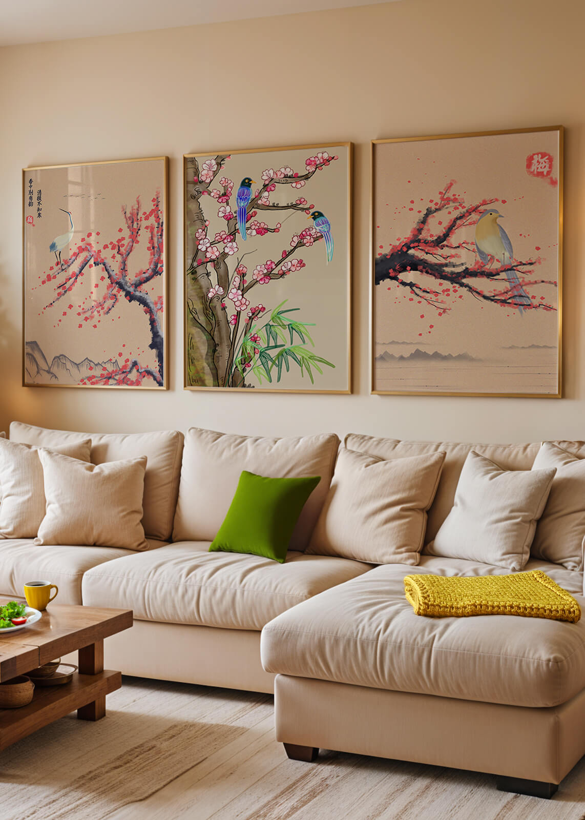 Decoración Oriental con Pájaros y Flores