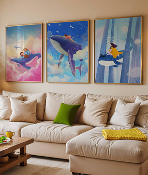 Tableaux fantastiques avec des baleines volantes pour décoration enfantine