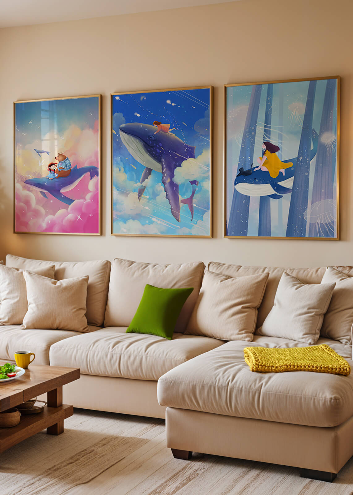 Tableaux fantastiques avec des baleines volantes pour décoration enfantine
