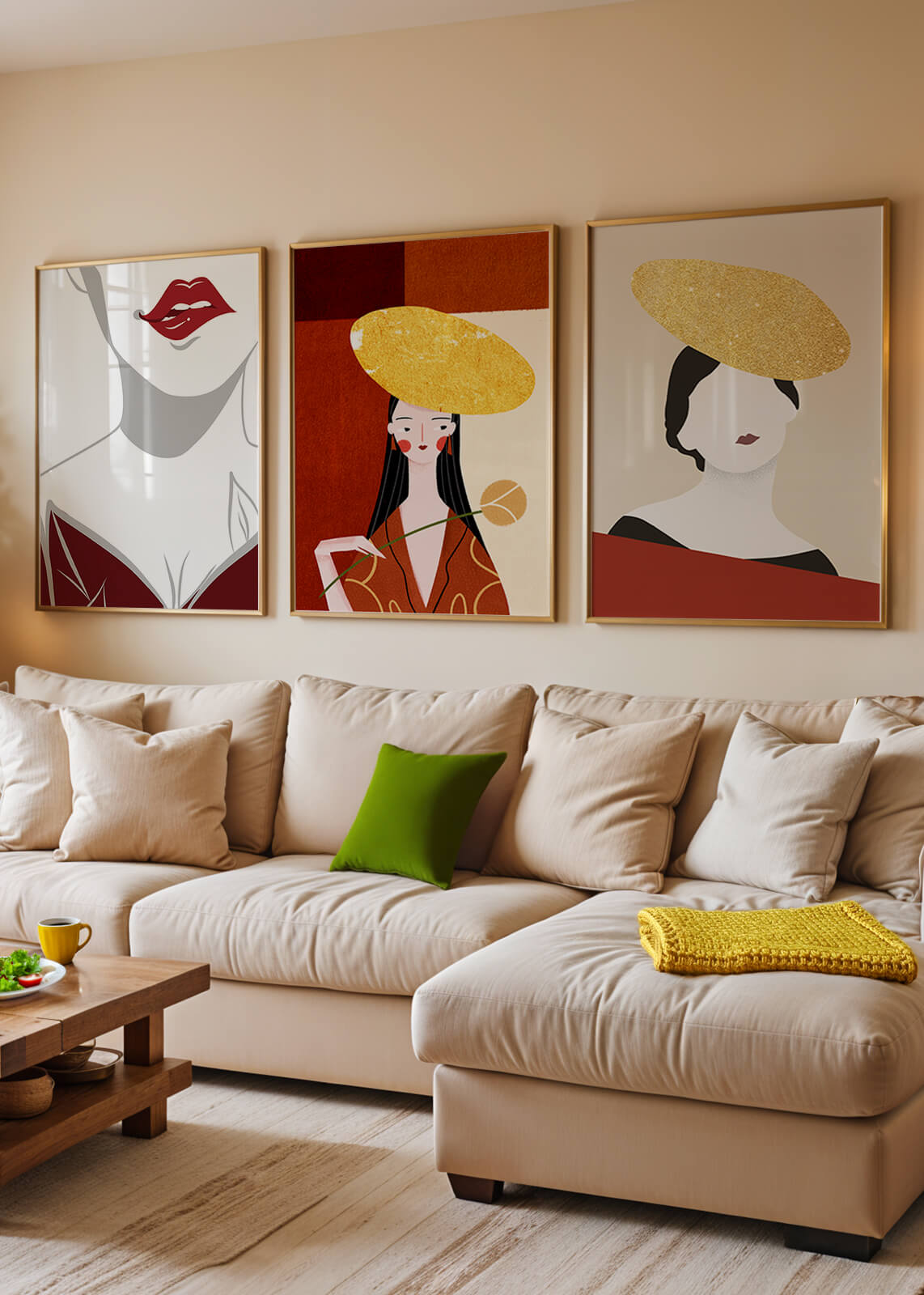 Triptyque moderne avec touches dorées et minimalisme