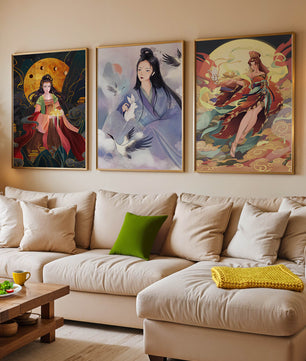 Triptyque d'art asiatique de style anime exposé sur un mur