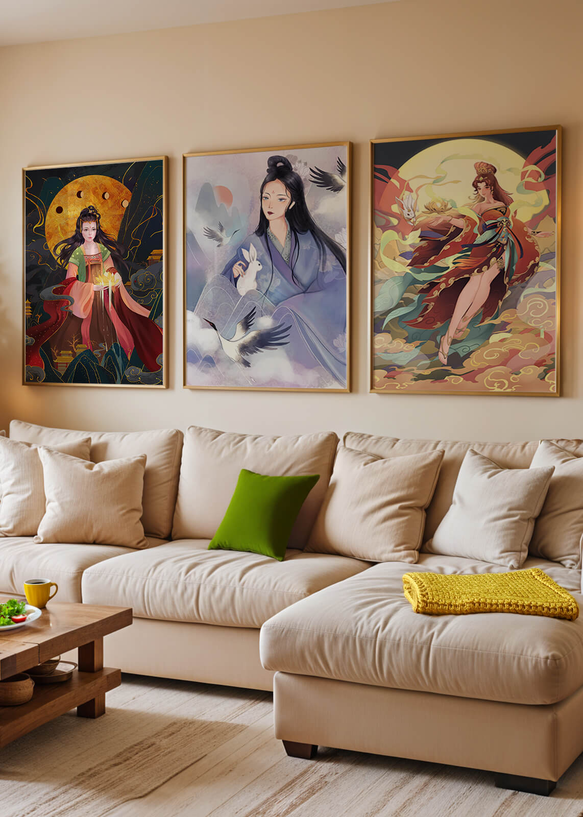 Tríptico De Arte Asiático En Estilo Anime Exhibido En Pared