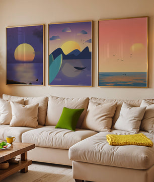 Minimale Sonnenuntergang-Landschaften in digitaler Kunst ohne Rahmen auf Holzboden
