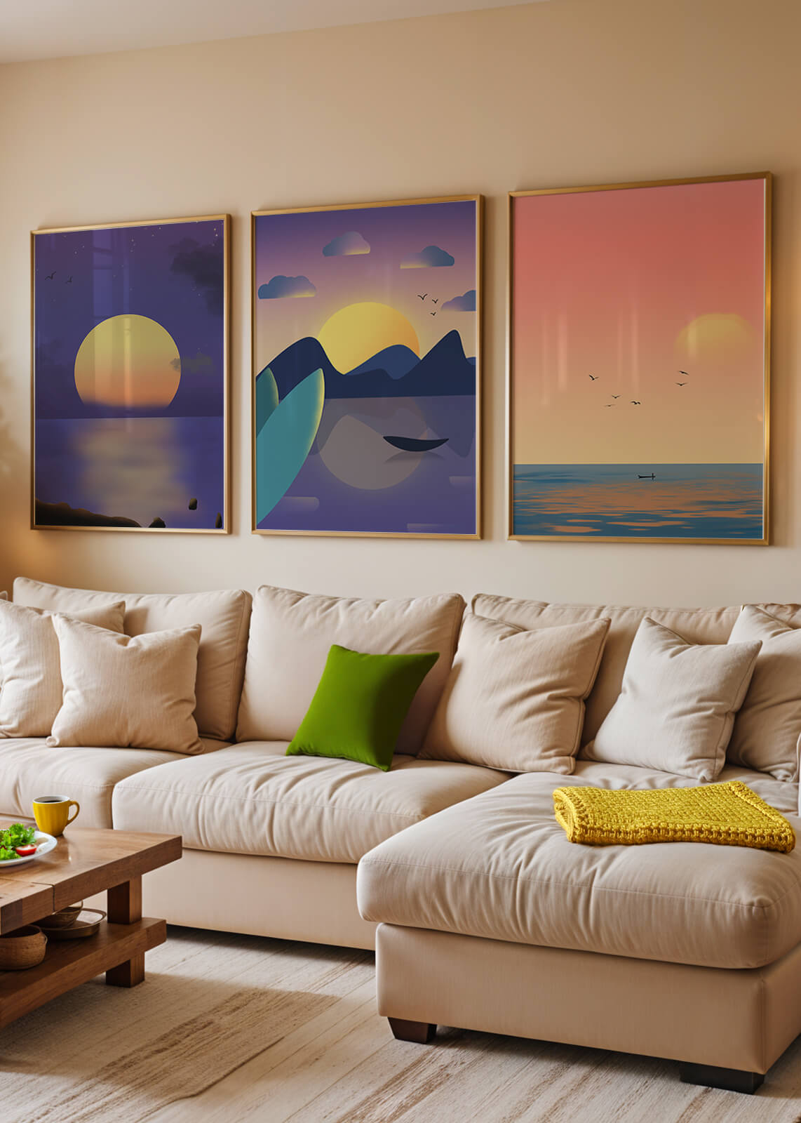 Minimale Sonnenuntergang-Landschaften in digitaler Kunst ohne Rahmen auf Holzboden