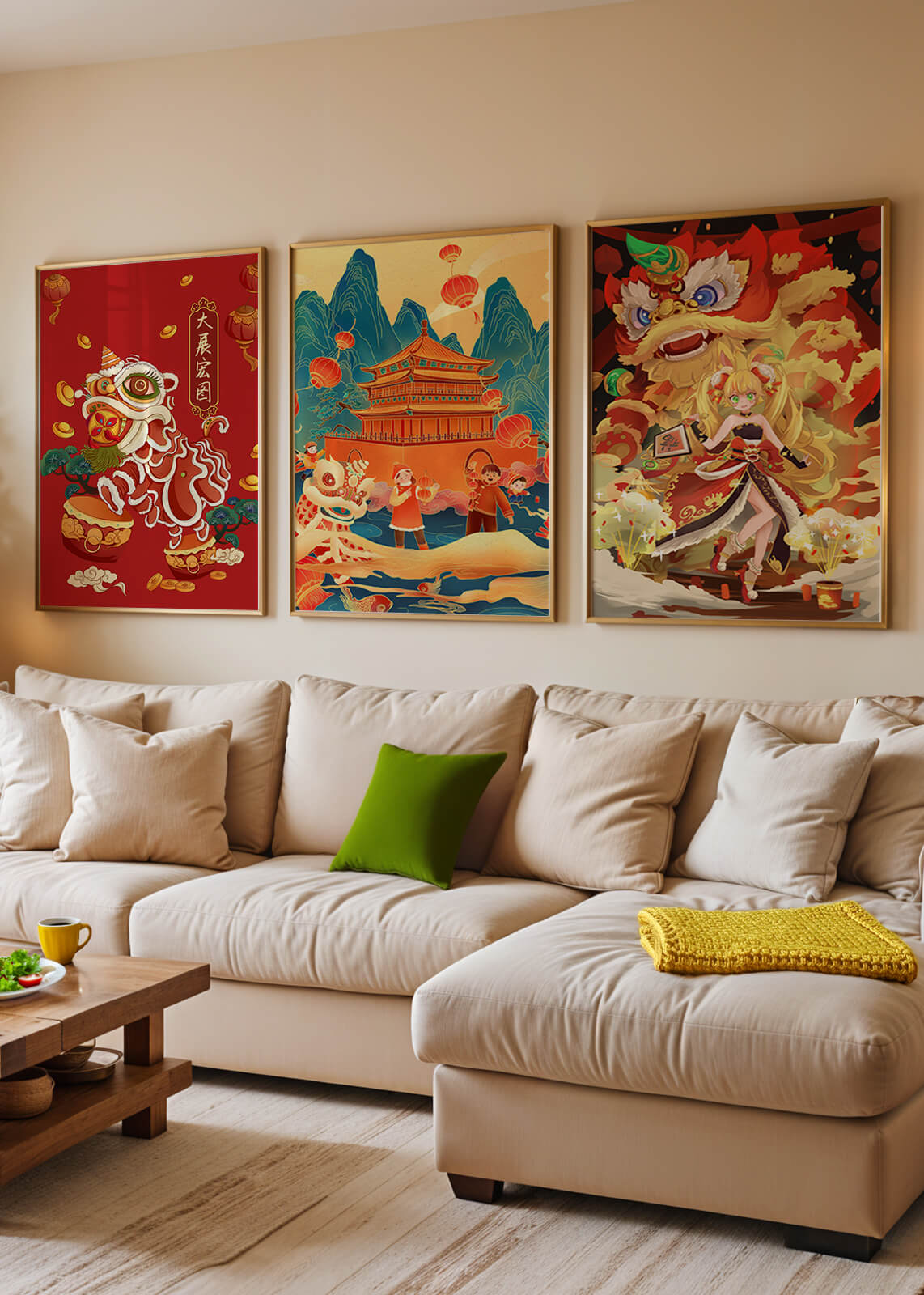 Décorations festives de style asiatique avec éléments dorés