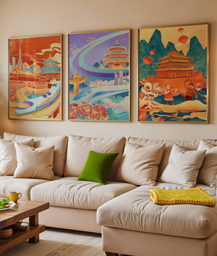 Affiches d’architecture asiatique avec trains et danses traditionnelles