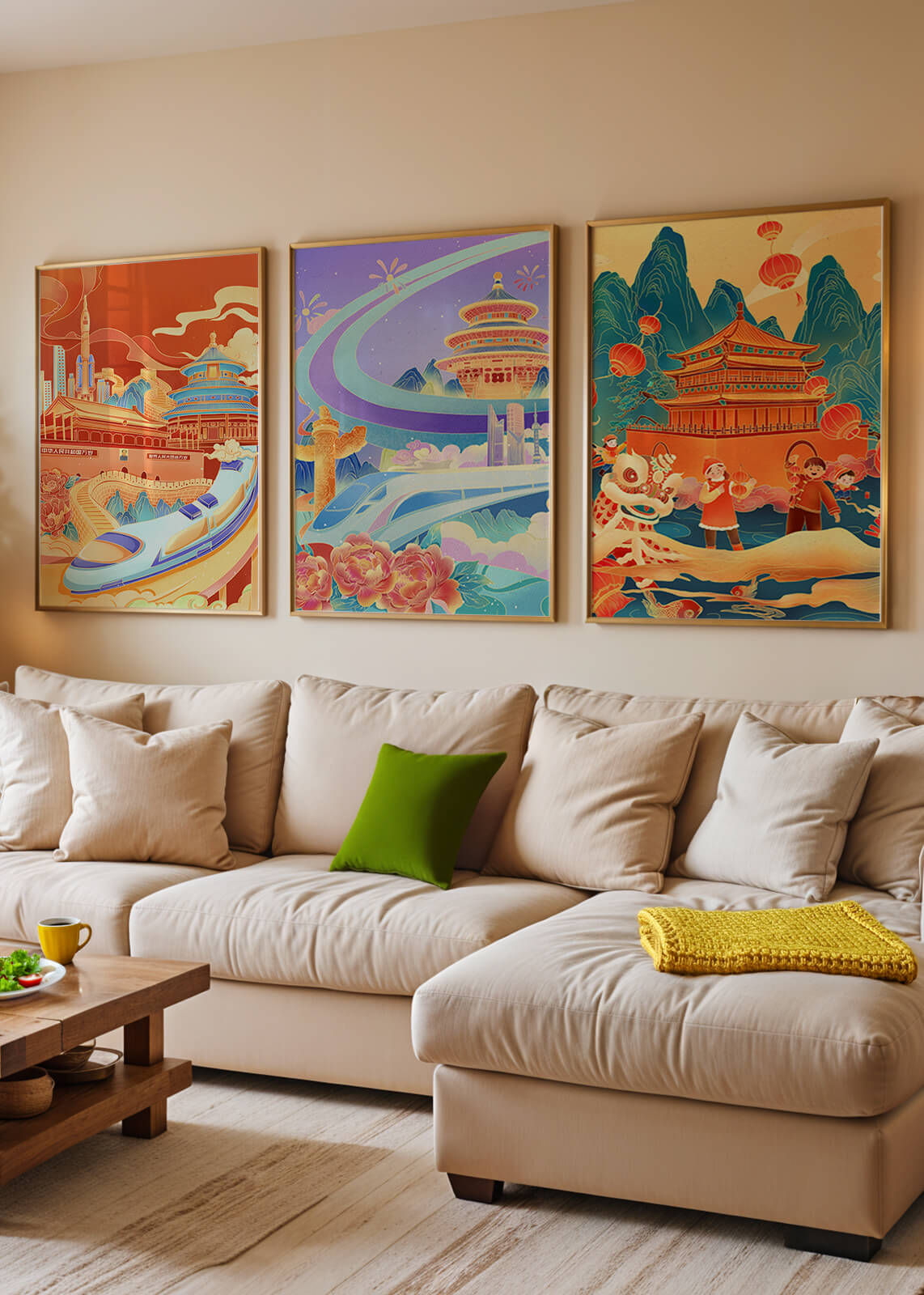 Posters de Arquitectura Asiática con Trenes y Danzas Tradicionales