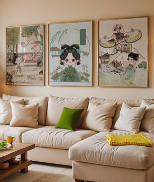 Illustrations de style oriental avec des personnages enfantins