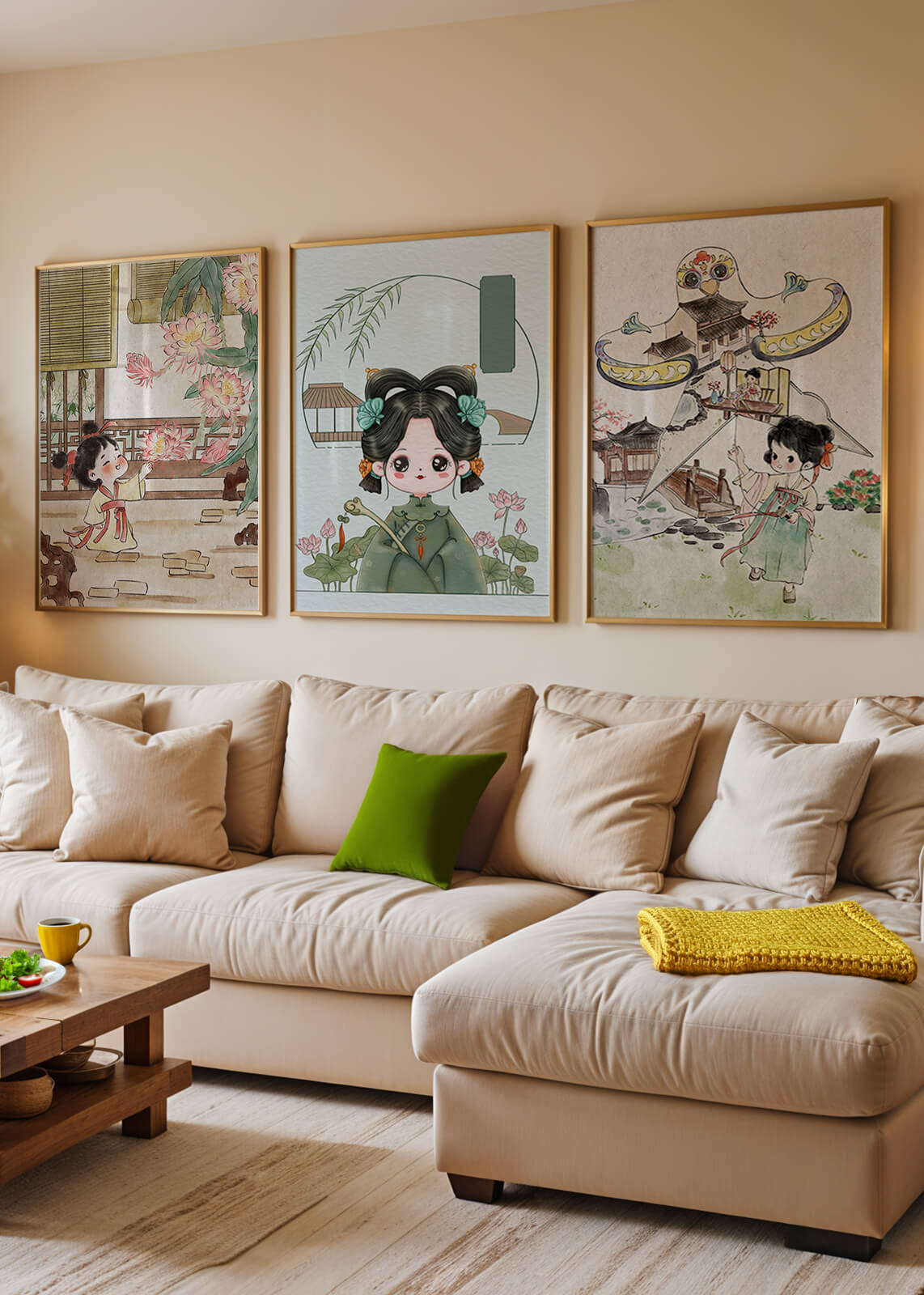 Illustrations de style oriental avec des personnages enfantins