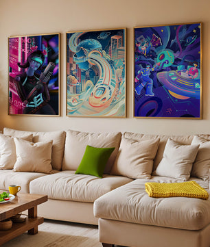 Set aus drei futuristischen Kunstdrucken in modernem Umfeld