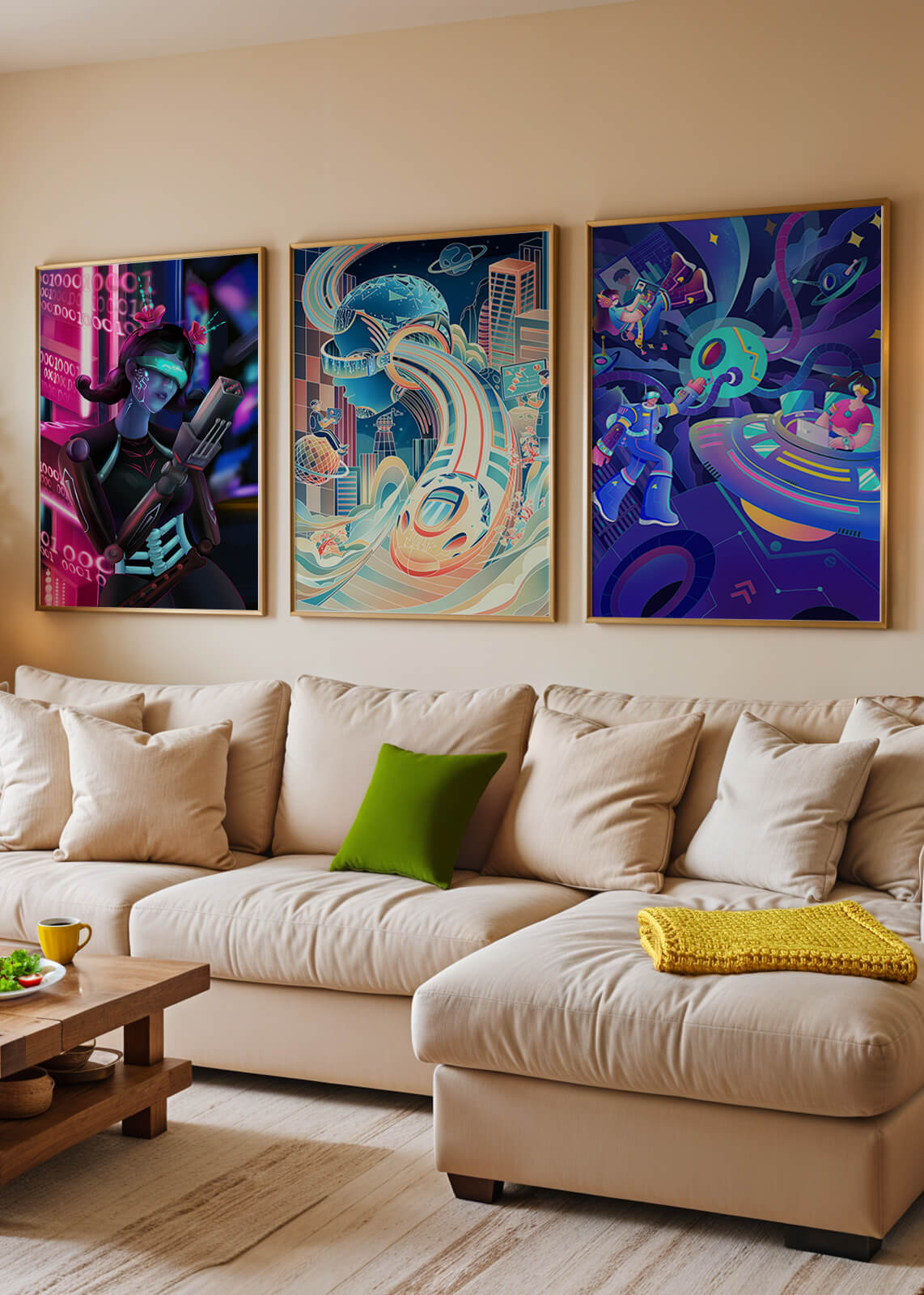 Set aus drei futuristischen Kunstdrucken in modernem Umfeld