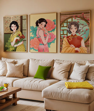 Ensemble de trois illustrations de femmes au style asiatique classique