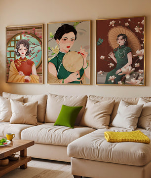 Cuadros Decorativos con Mujeres y Motivos Florales Asiáticos