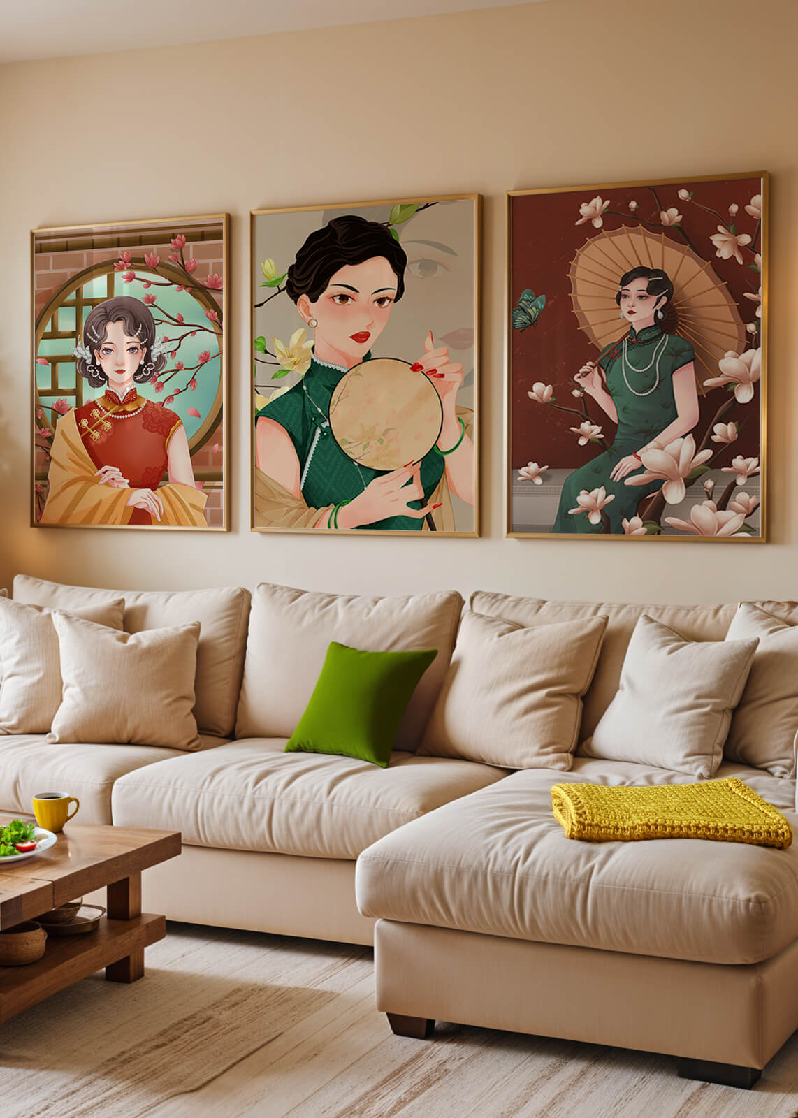 Cuadros Decorativos con Mujeres y Motivos Florales Asiáticos