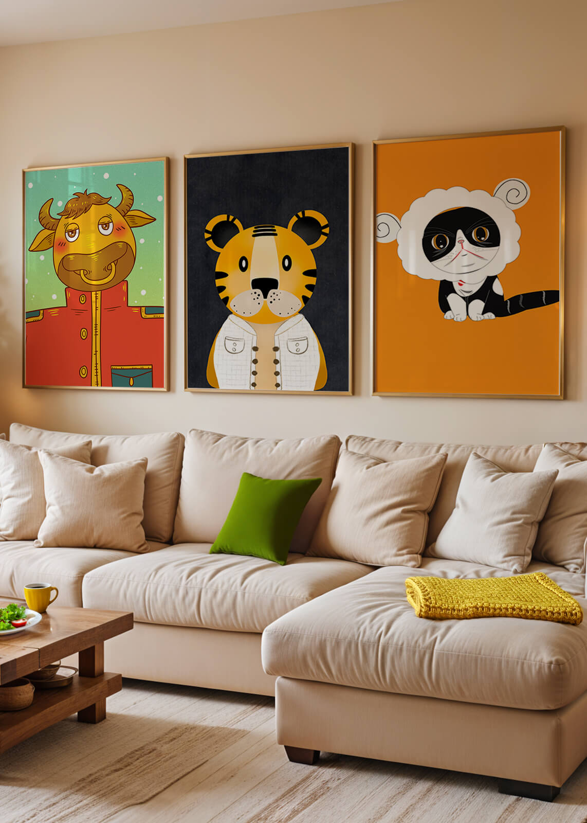 Arte de animales coloridos en estilo caricaturesco