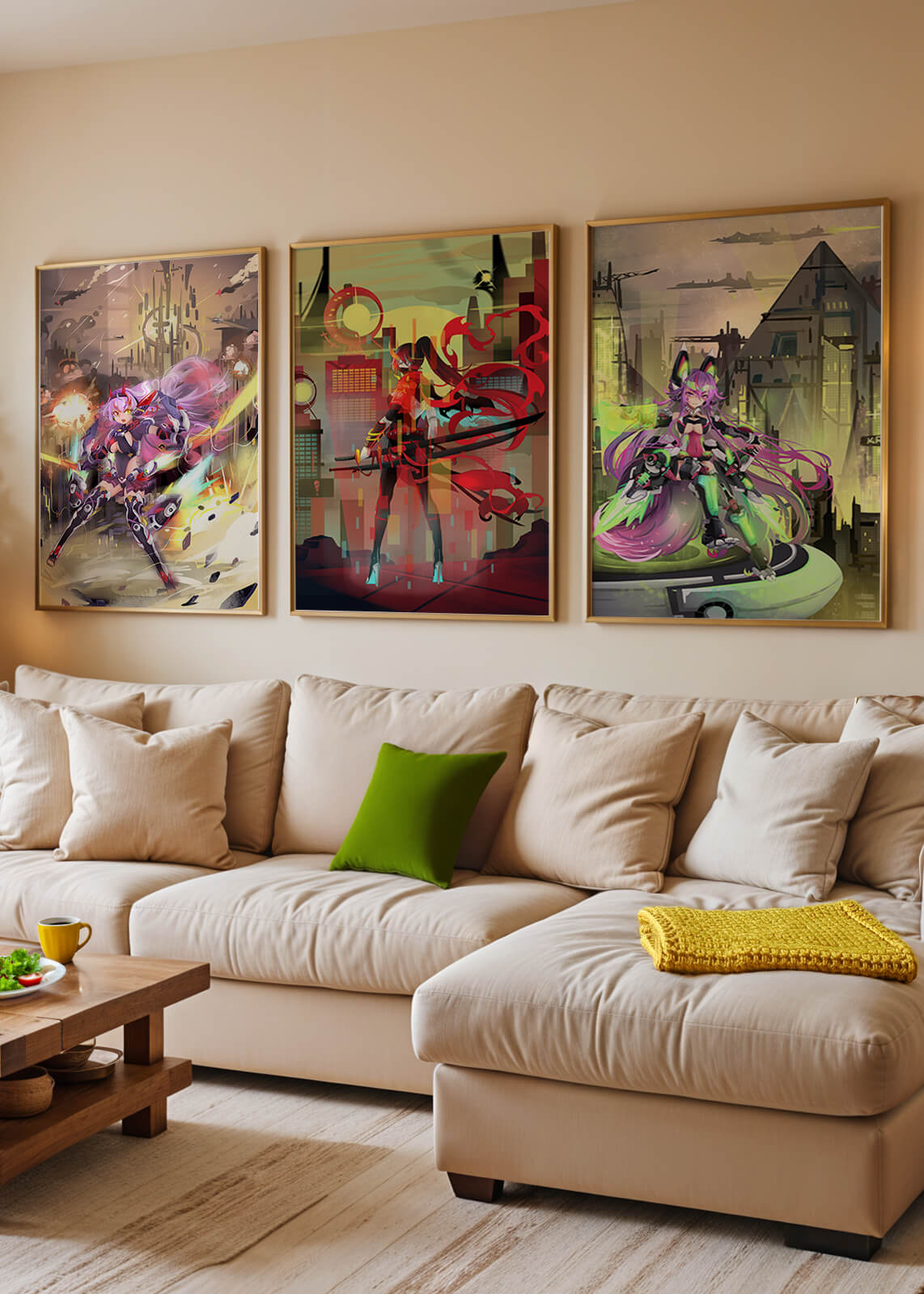Conjunto De Tres Imágenes Futuristas De Personajes Anime En Una Habitación Moderna