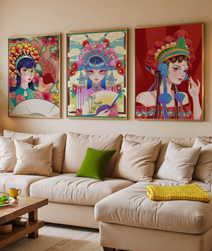 Bunte Postermotive im asiatischen Stil für modernes Interieur