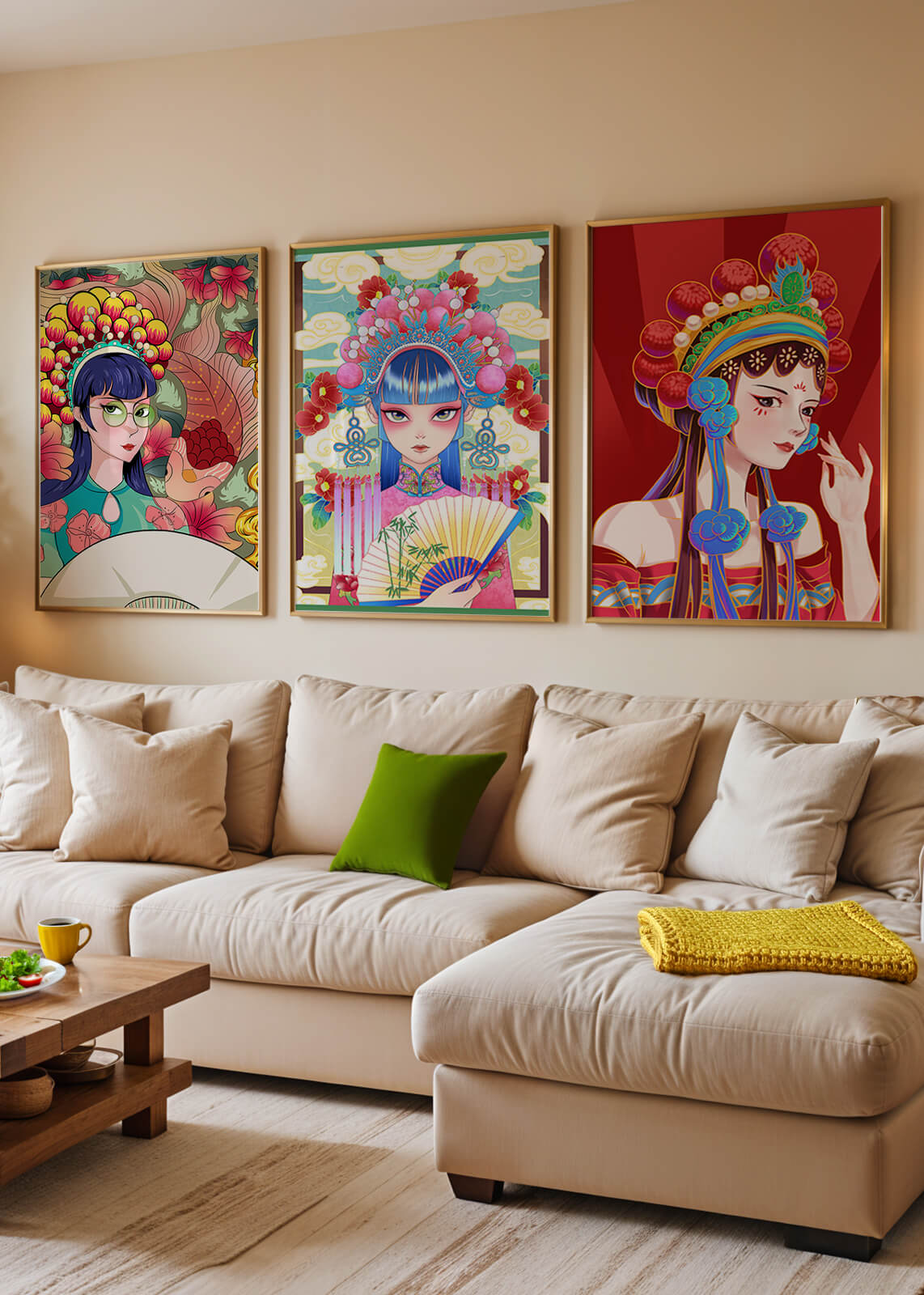 Bunte Postermotive im asiatischen Stil für modernes Interieur
