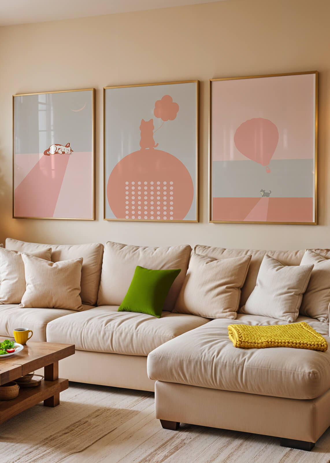 Triptyque minimaliste avec chats et ballon en ton rose