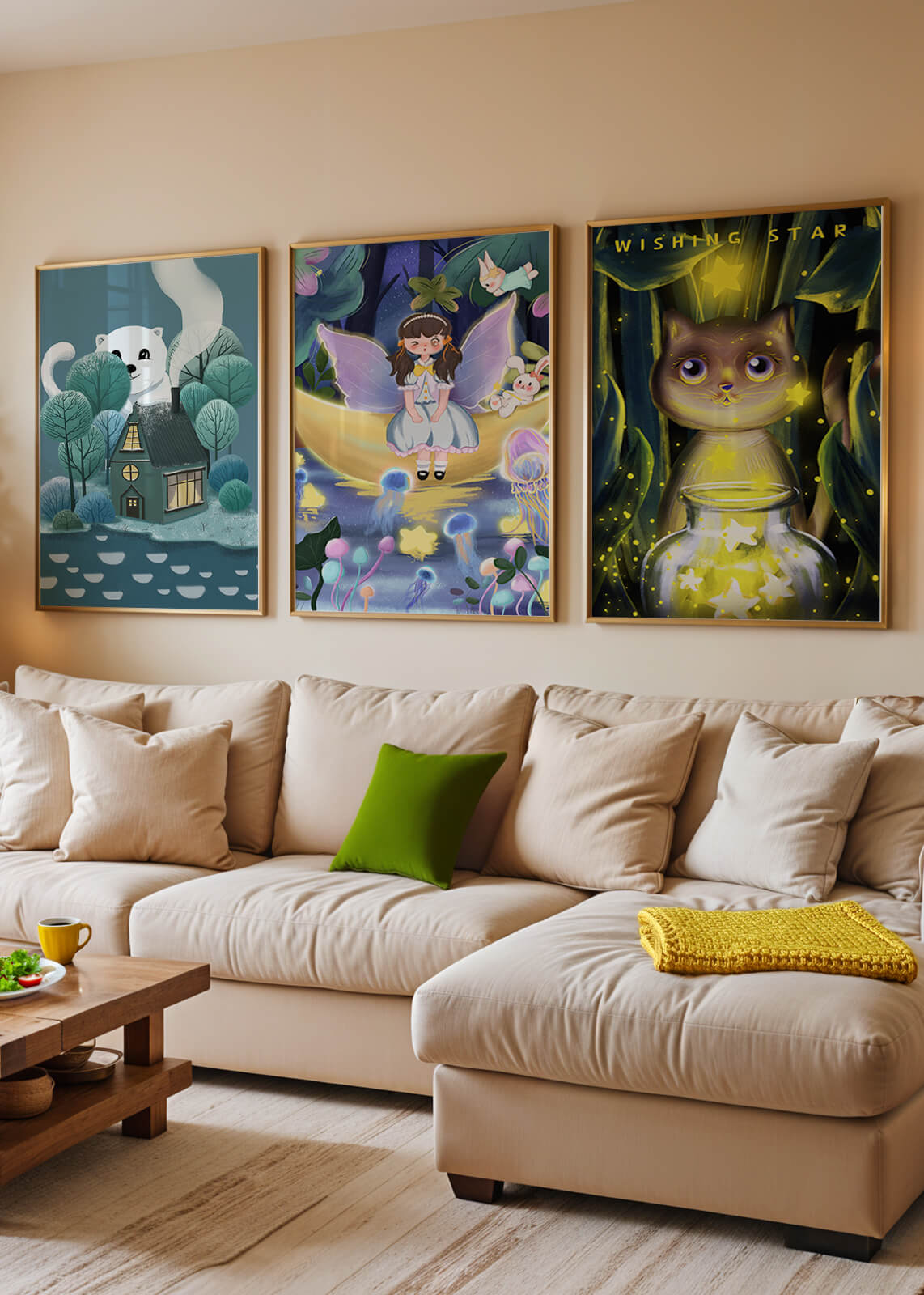 Mur avec trois tableaux artistiques sans cadre dans un environnement lumineux