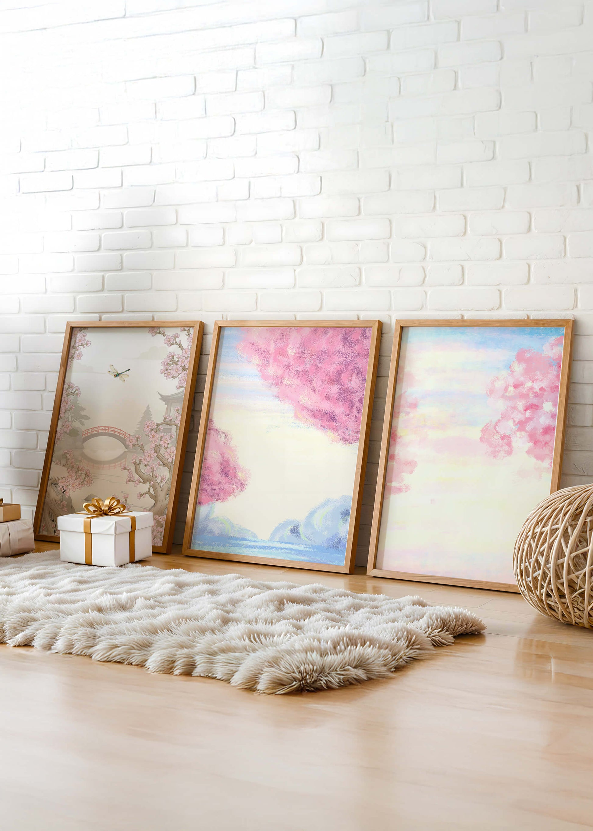 Imágenes Decorativas de Paisajes Florales y Puente de Madera en Primavera