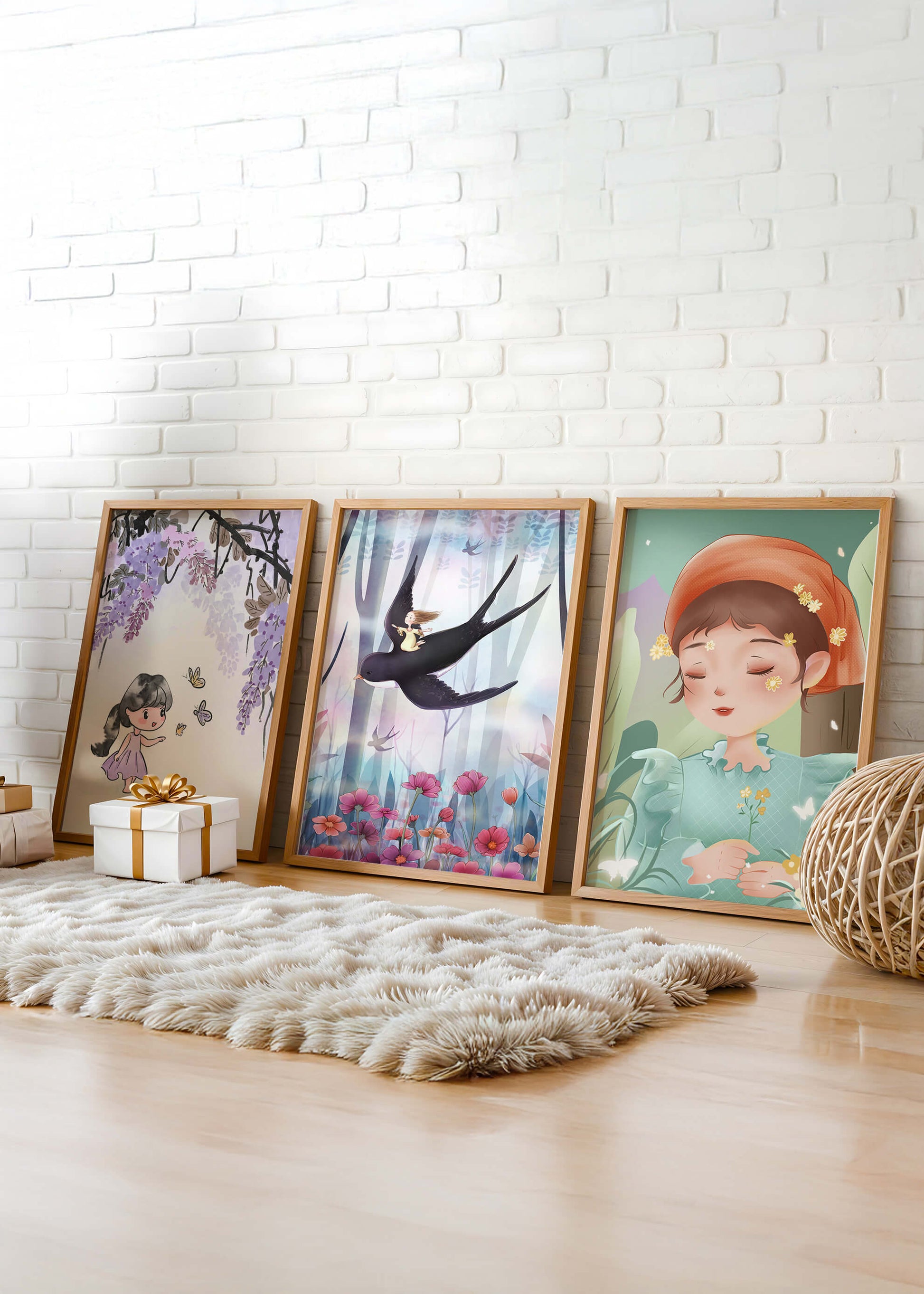 Décoration pour enfants : ensemble d'illustrations de filles et de nature