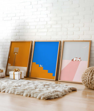 Ensemble de trois tableaux avec des figures géométriques et un chat
