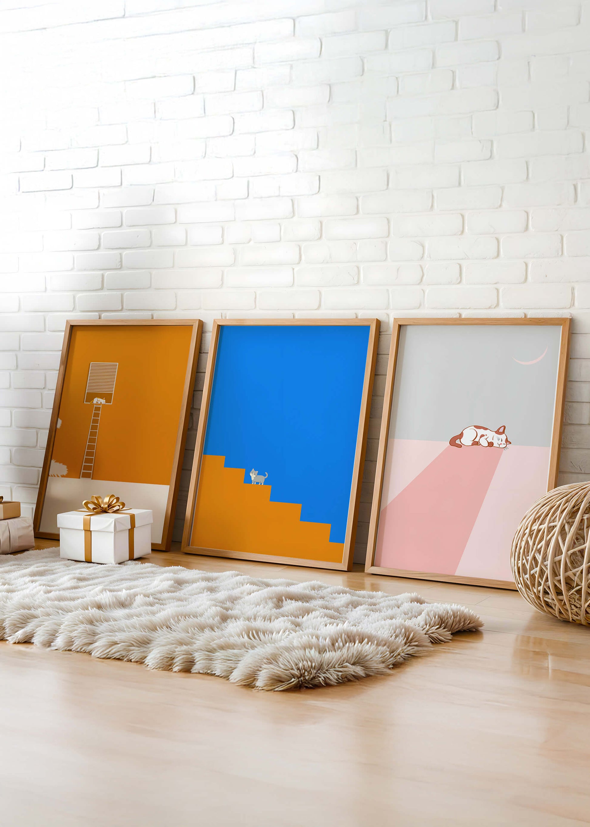 Ensemble de trois tableaux avec des figures géométriques et un chat