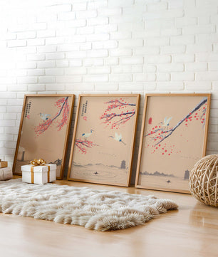 Ensemble d'art oriental avec grues et fleurs de cerisier