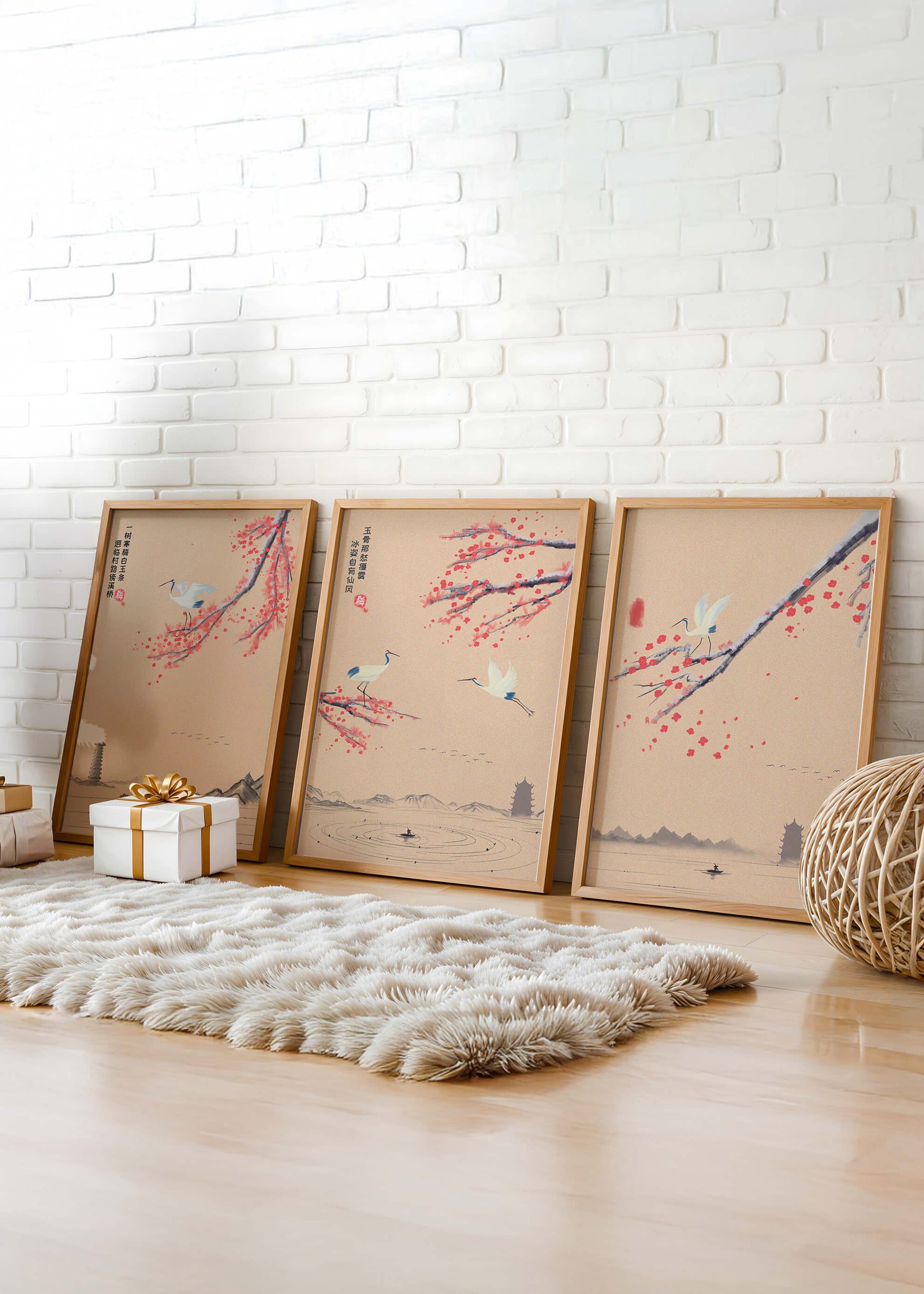 Conjunto De Arte Oriental Con Grullas Y Flores De Cerezo