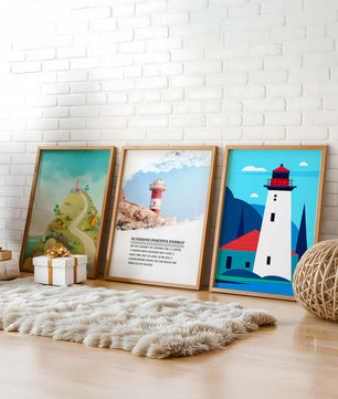 Set bunter Leuchtturmbilder mit Landschaftsmotiven