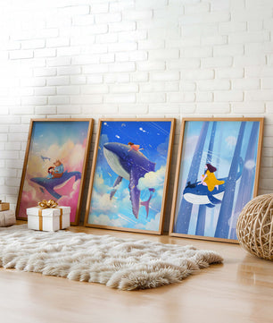 Tableaux fantastiques avec des baleines volantes pour décoration enfantine