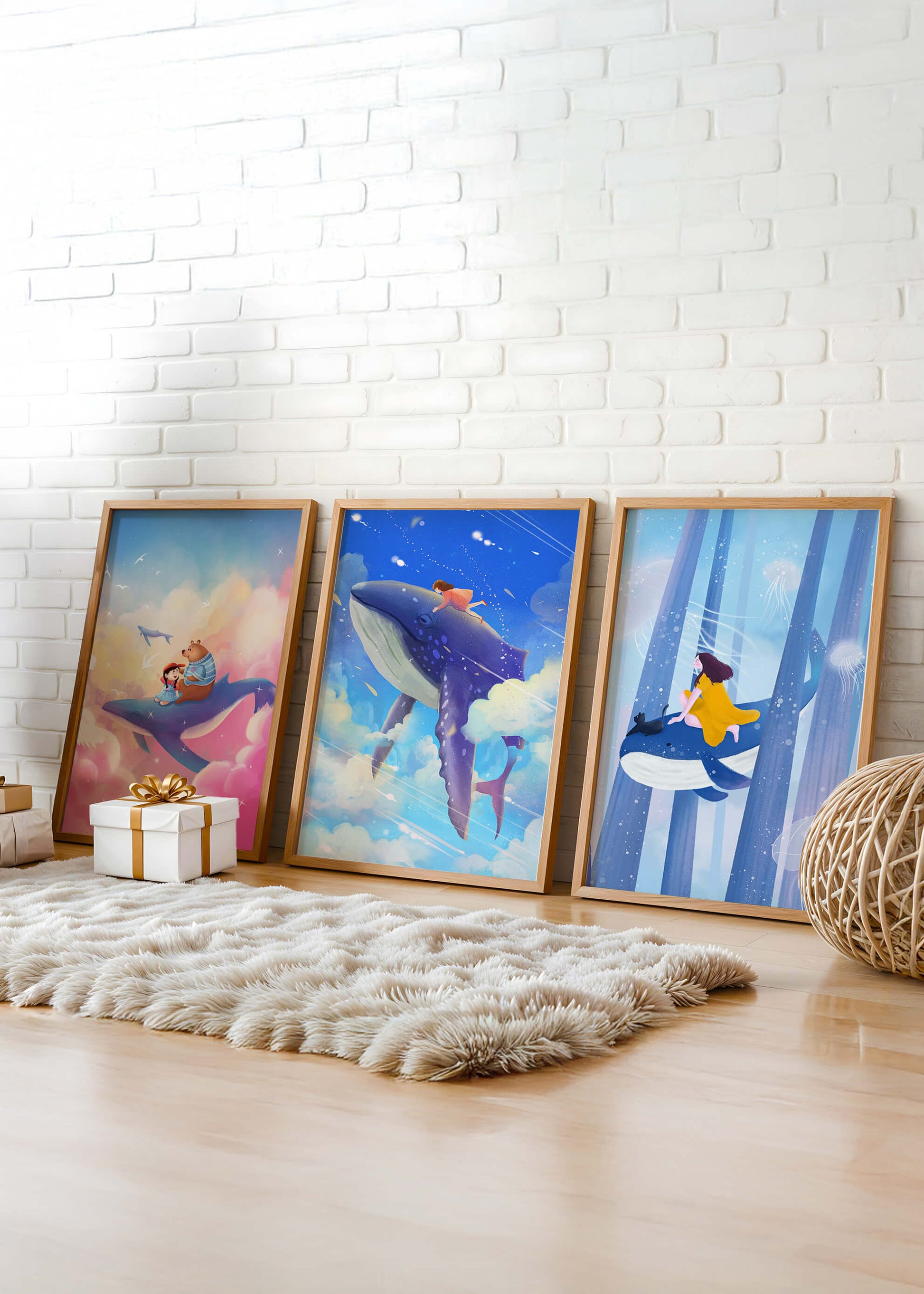 Tableaux fantastiques avec des baleines volantes pour décoration enfantine