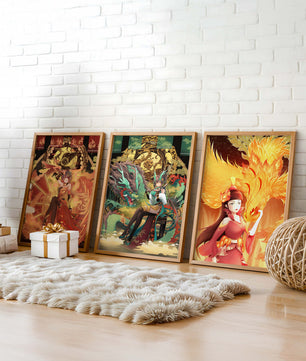 Triptyque d’art fantastique avec des figures mythiques dans des cadres dorés