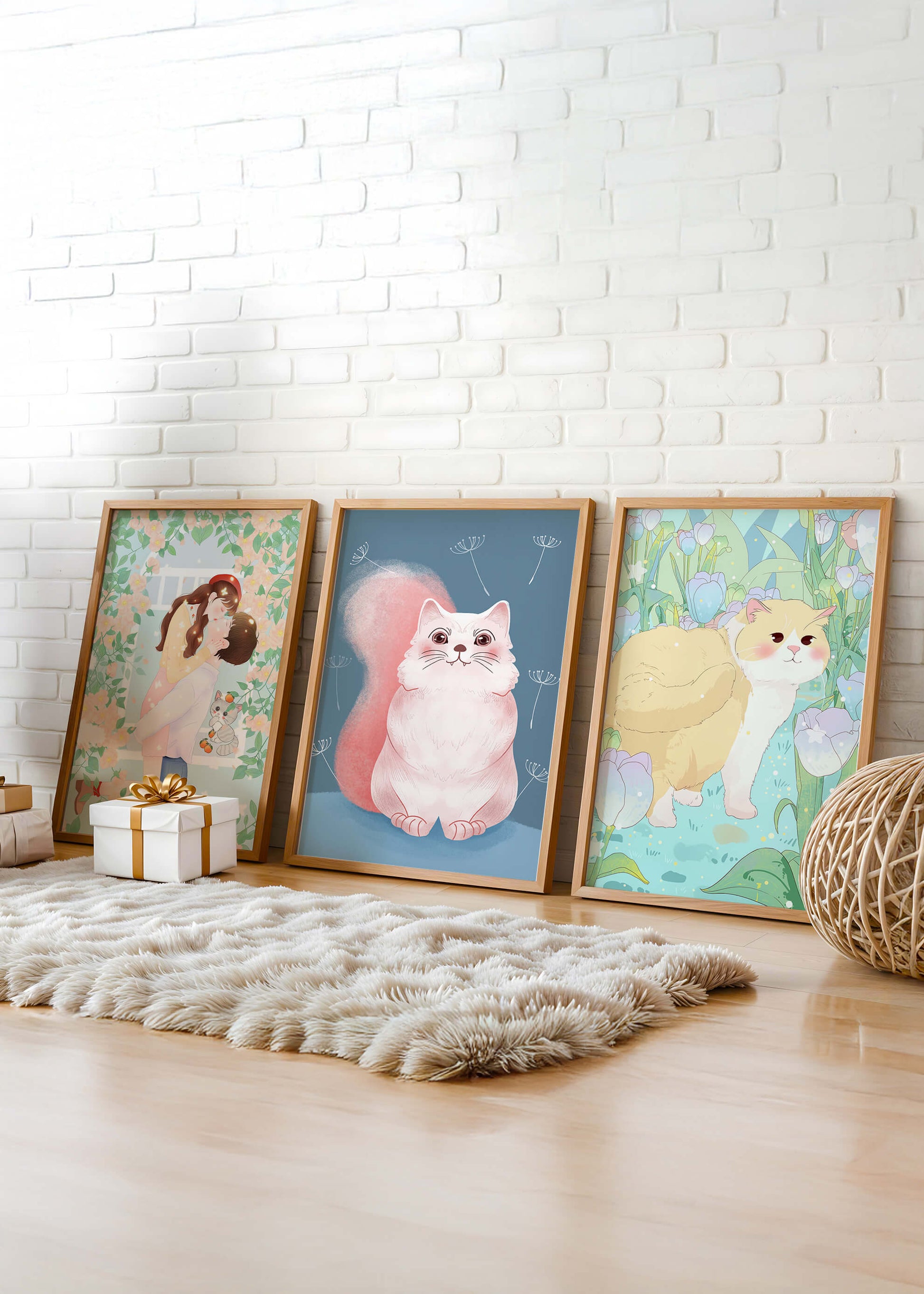 Ensemble de trois tableaux avec des chats et un design floral dans des tons pastel