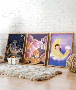 Triptyque d’art pour enfants sur le thème de la lune et des étoiles
