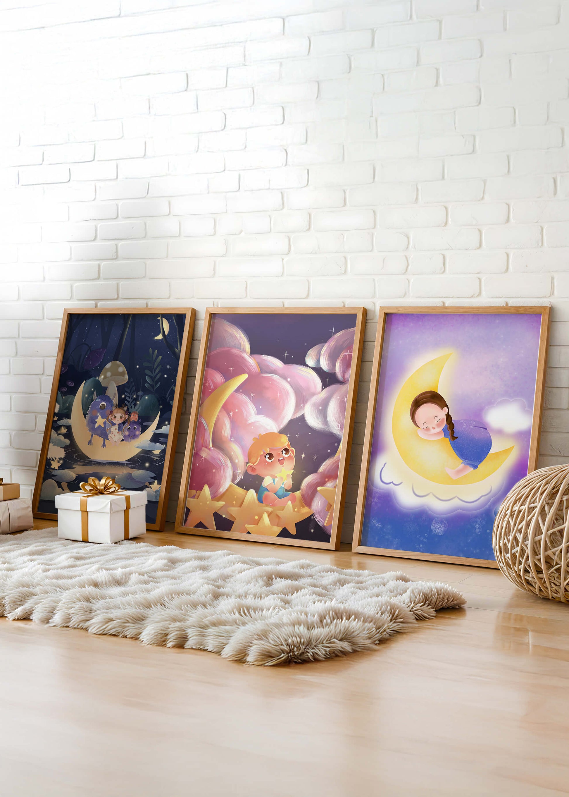 Tríptico de Arte Infantil con Temática de Luna y Estrellas