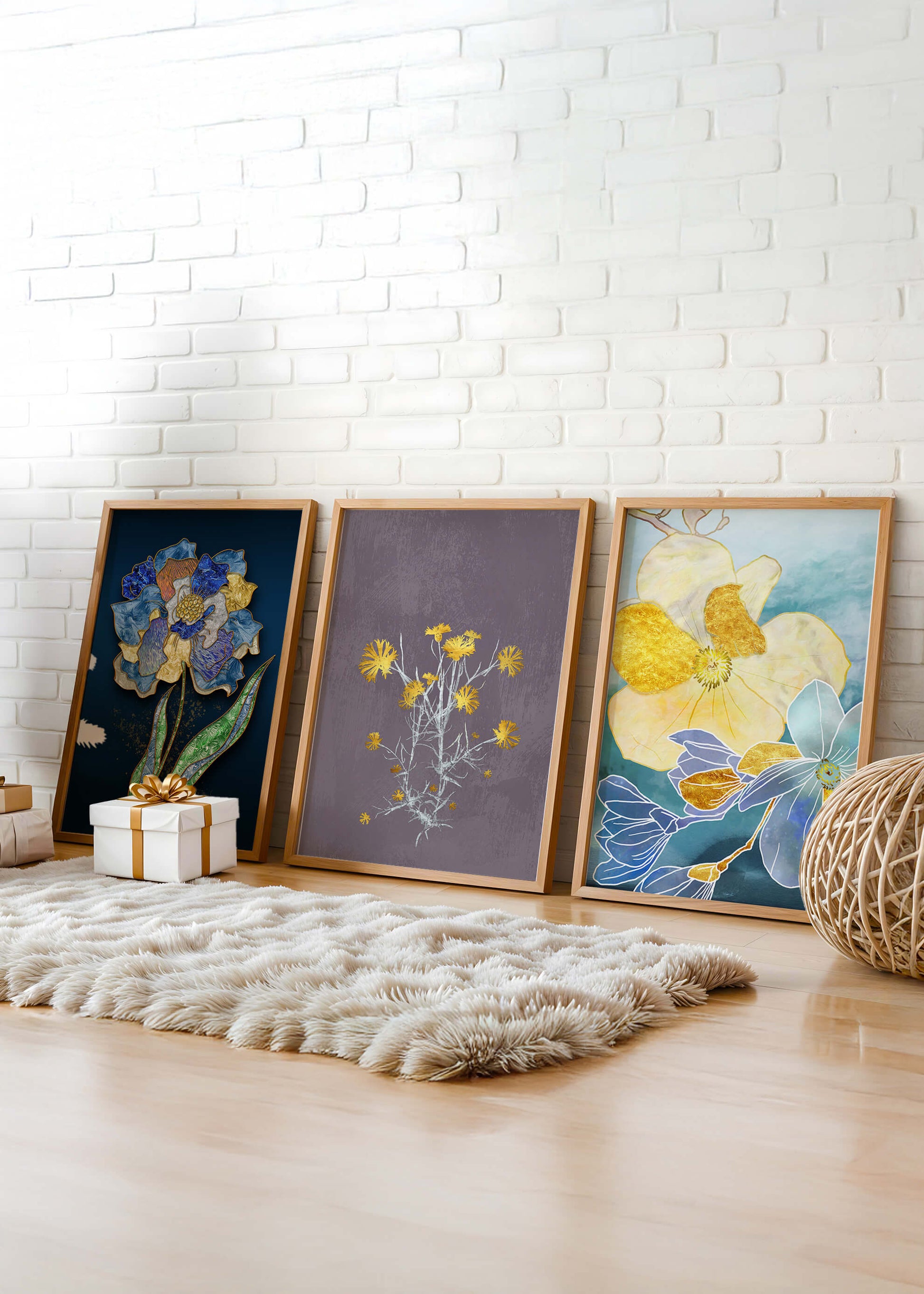 Art floral moderne avec des motifs de fleurs et des éléments dorés