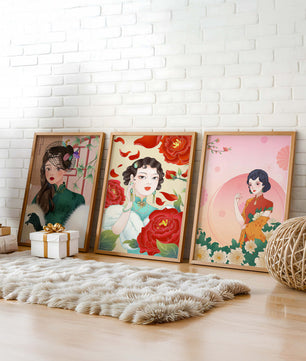 Conjunto De Impresiones Artísticas Inspiradas En Moda Asiática Con Elementos De Flores