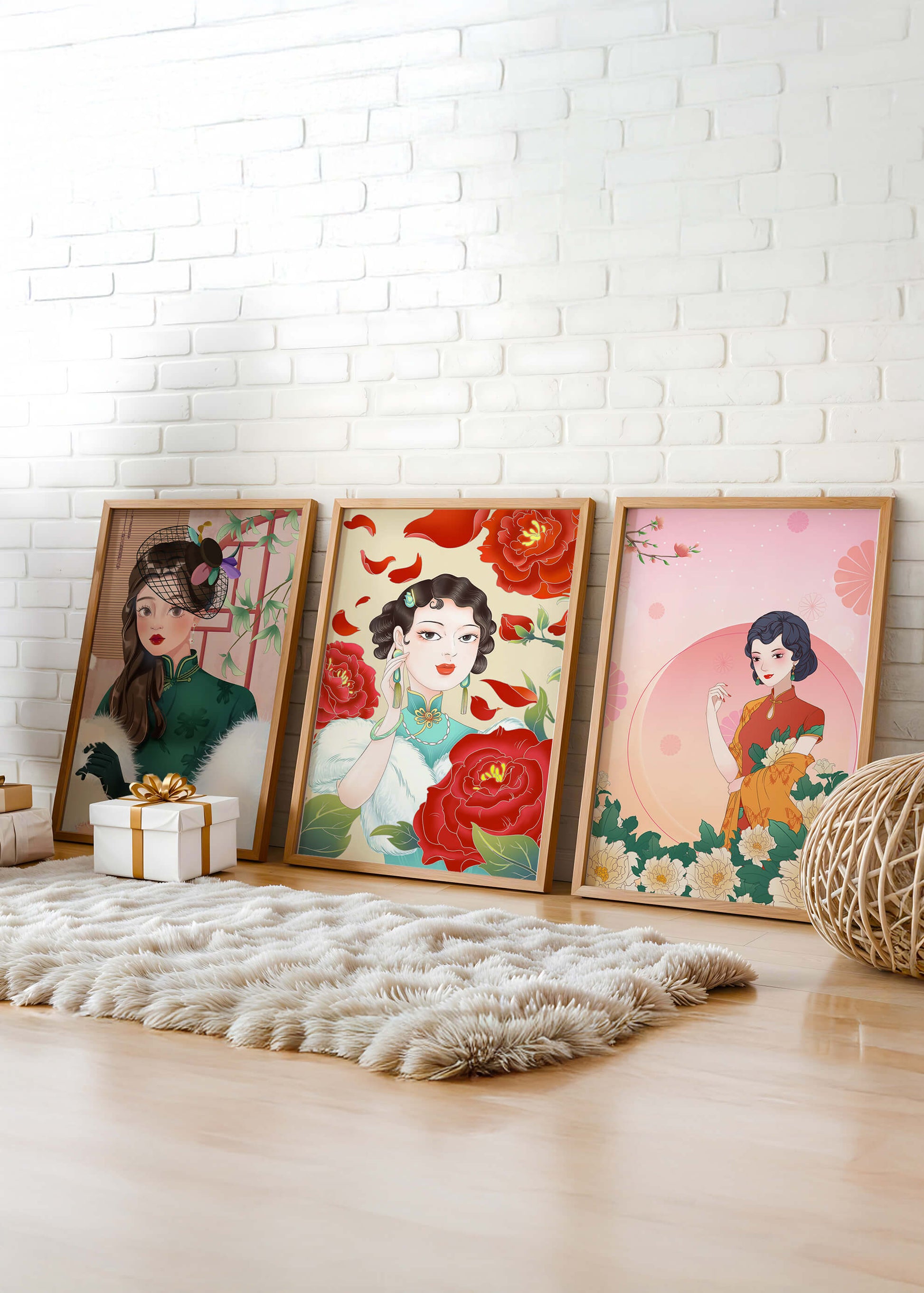 Conjunto De Impresiones Artísticas Inspiradas En Moda Asiática Con Elementos De Flores