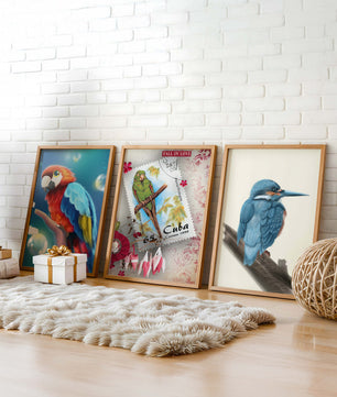 Arte Decorativo con Pájaros Coloridos en Impresión de Alta Calidad
