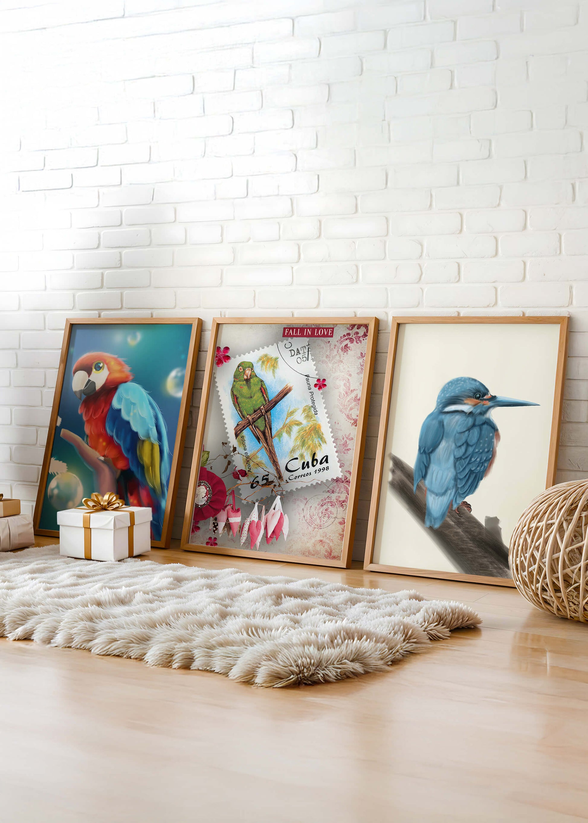 Arte Decorativo con Pájaros Coloridos en Impresión de Alta Calidad