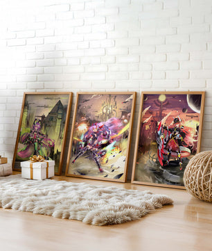 Trio d’illustrations futuristes dans des cadres de couleur claire