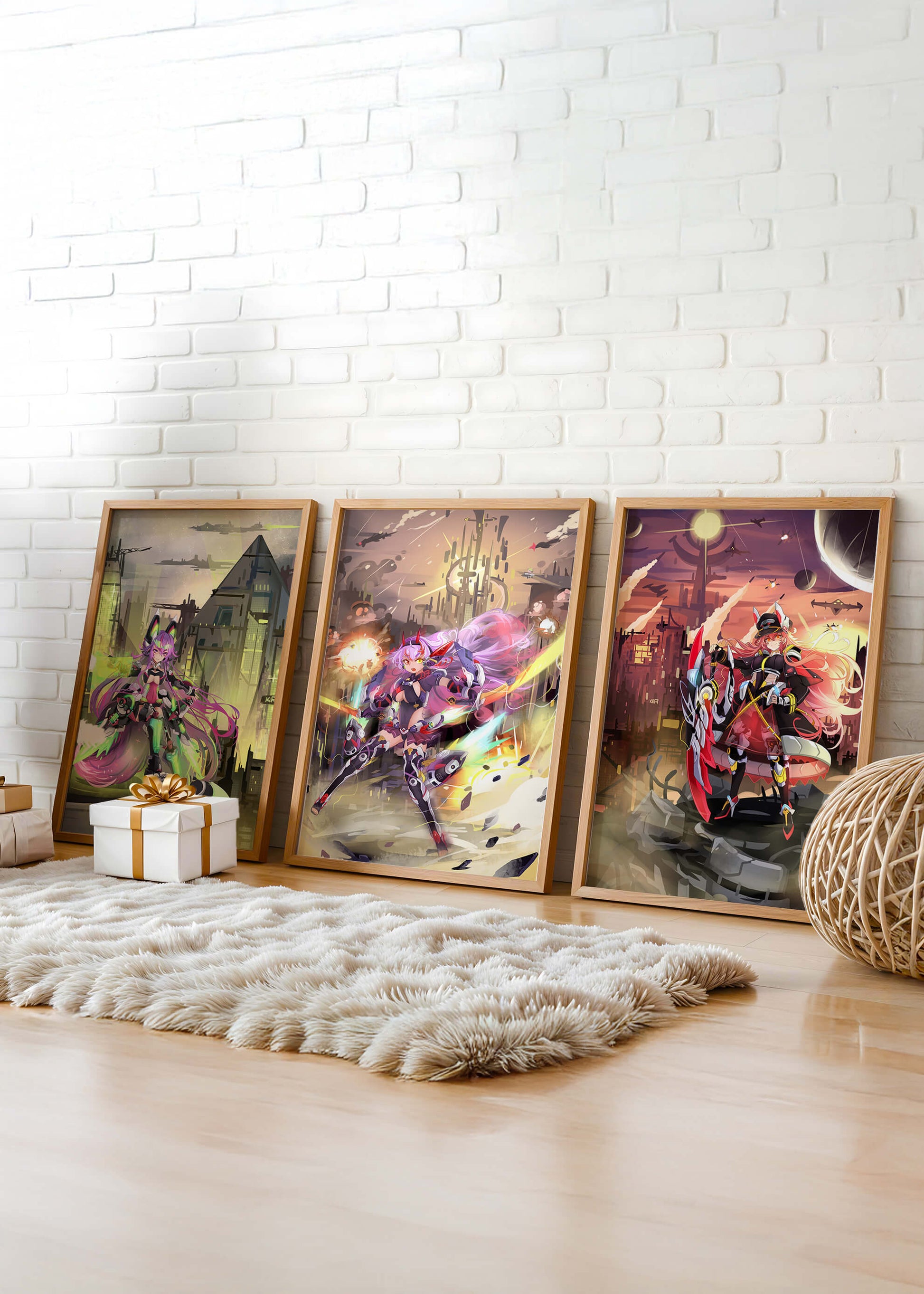 Trio d’illustrations futuristes dans des cadres de couleur claire